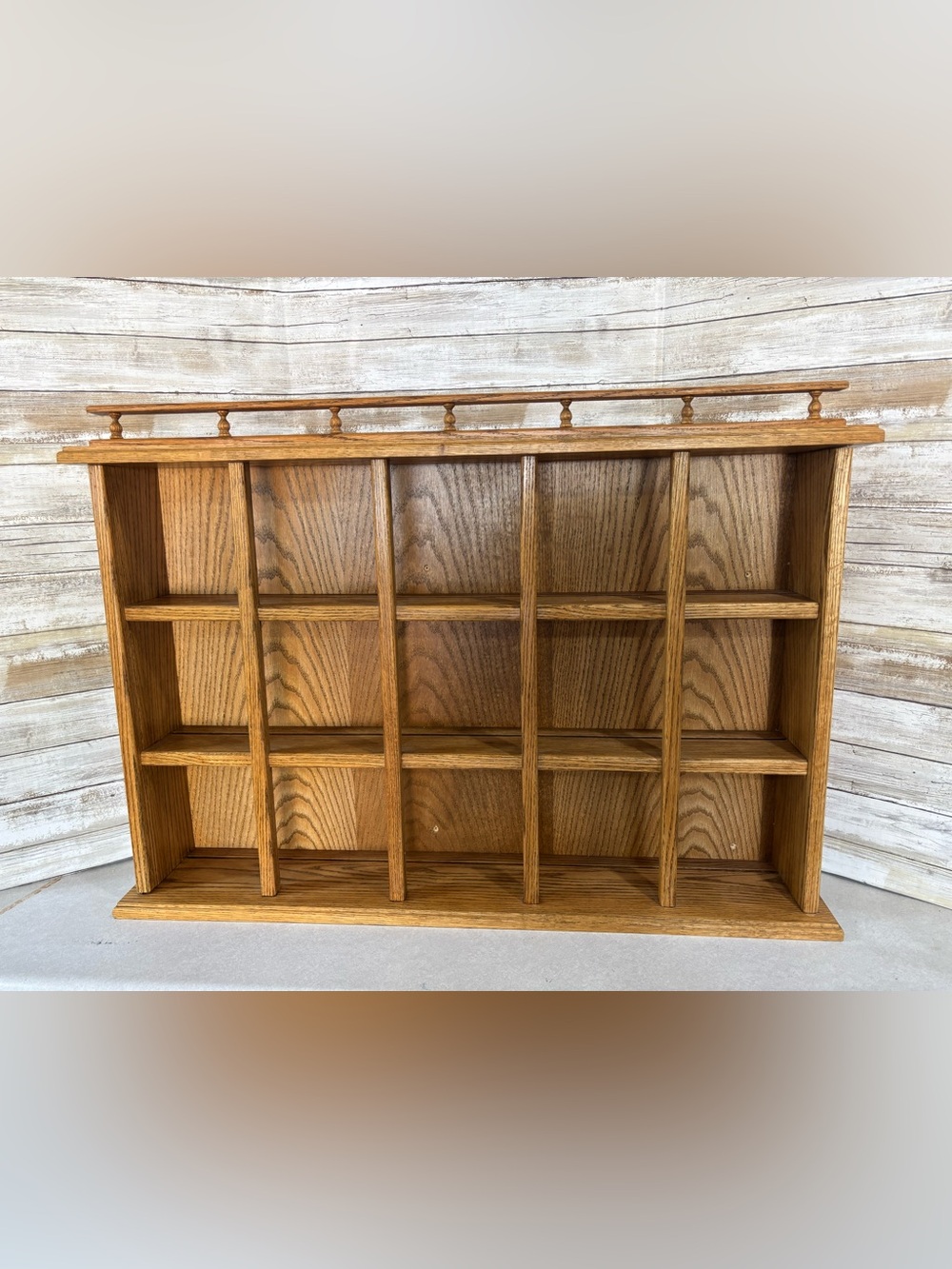 Large handmade heavy (oak?) decor/teacup shelf with saucer grooves